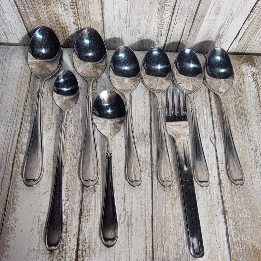 Wallace 18/8 Stainless Steel Soup Spoons Set of 8 Plus One Serving and Fork